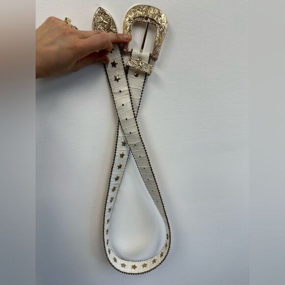 Vintage White Leather Croc Embossed Star Studded Western Belt Size M main image 5
